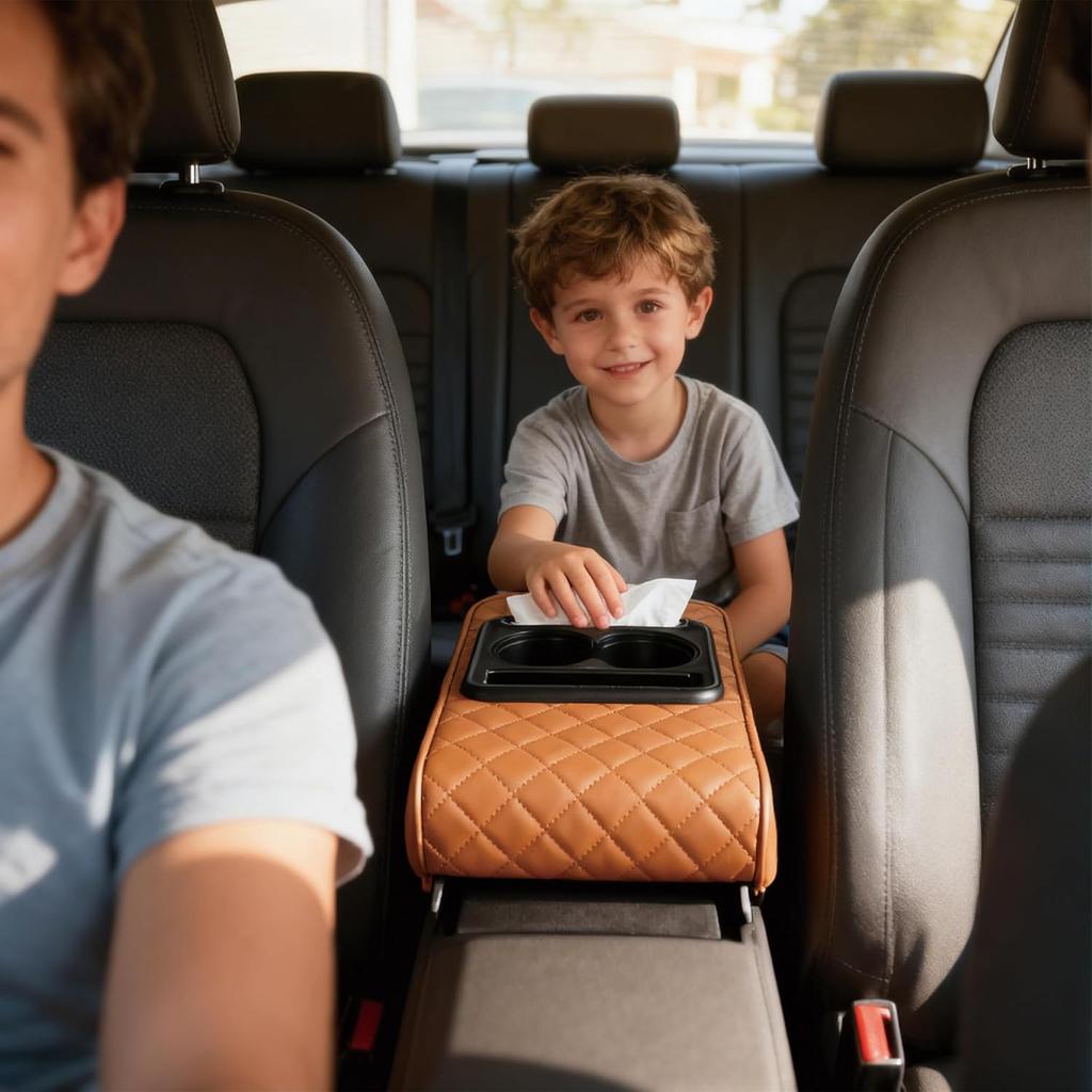 Multifunctional Pu Leather Car Armrest Box Mat with Cup Holders &Tissue Box Slot&Phone Slot