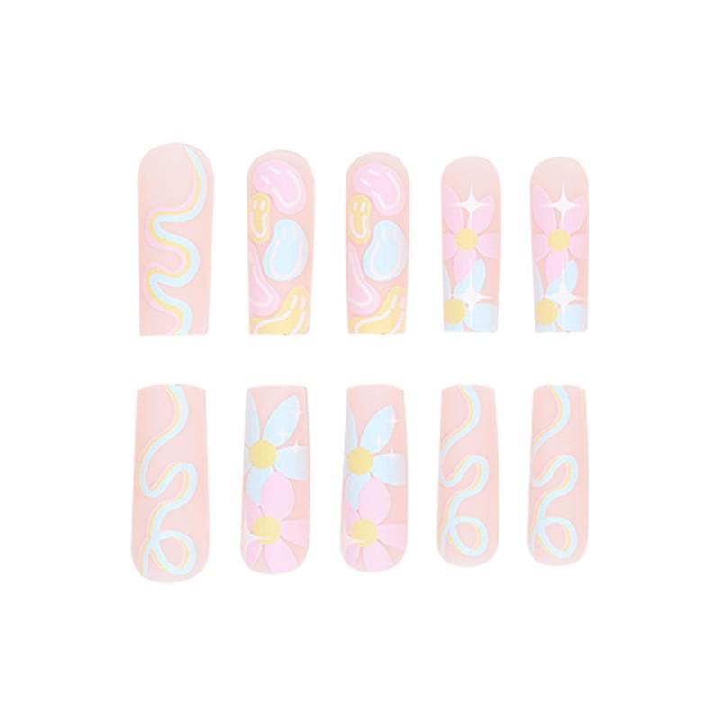 Sweet Pastel Floral Line Press-On Nails Full Cover Nail Tips Women