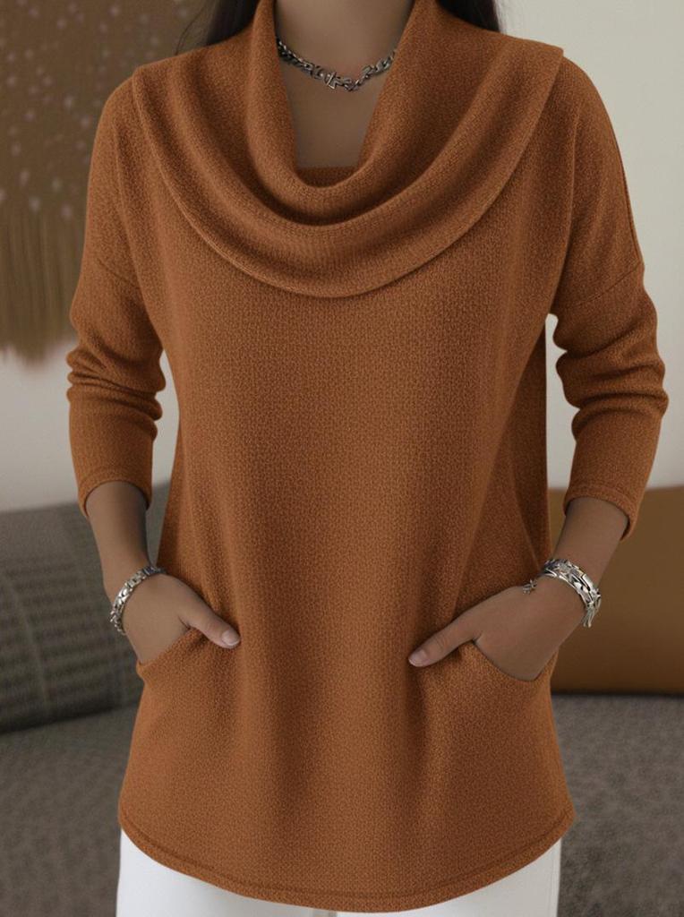 2025 Herbst/Winter Damen Hochhals Langarm Einfarbig Lässiger Pullover mit Taschen