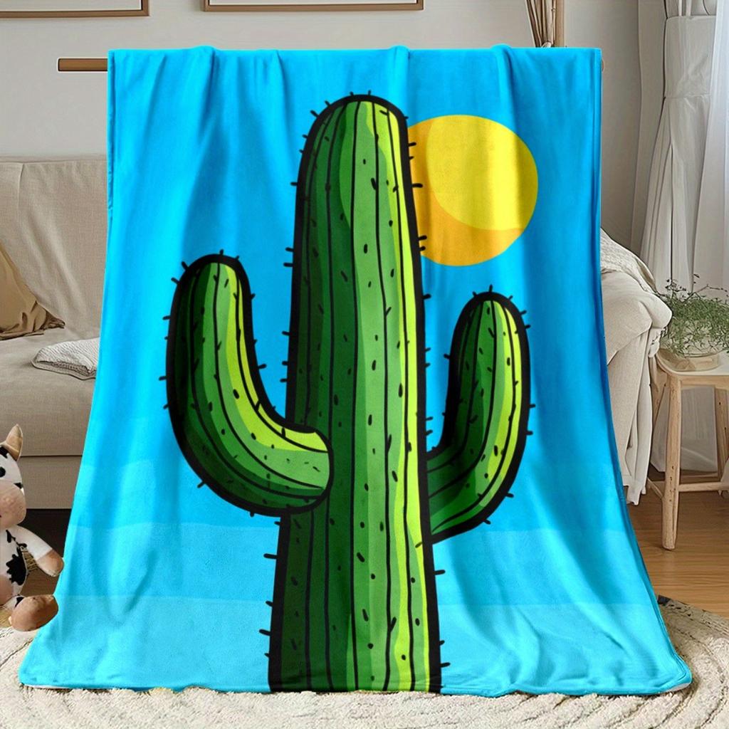 Sunrise Cactus Garden Flannel Blanket Soft Green Blue Design All Season Cozy Comfort for Home Decor Desert Theme Gift