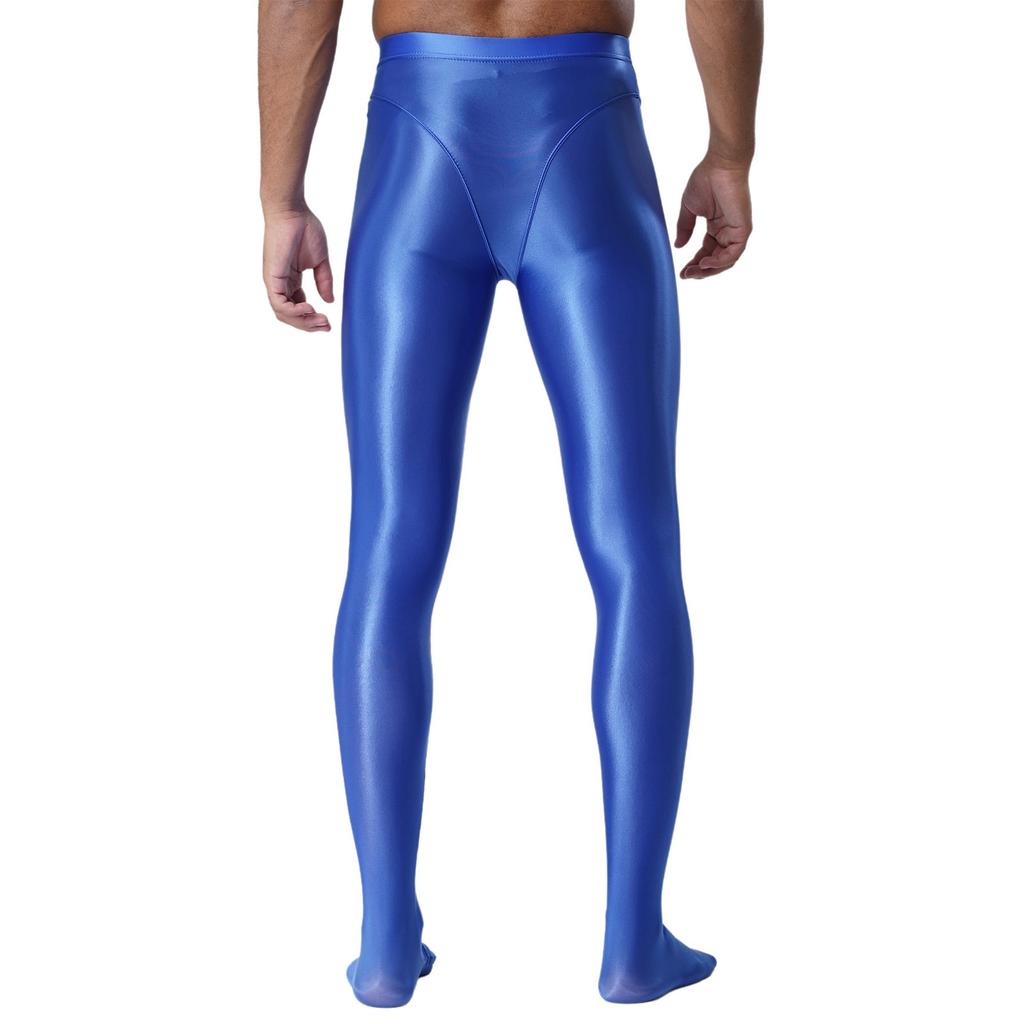 Męskie błyszczące legginsy o wyglądzie mokrej skóry Błyszczący elastyczny pas Wzór ze stopami Dopasowany krój Obcisłe spodnie-rajstopy