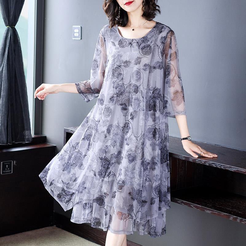 Elegant Summer 2026 Mesh Patchwork Chiffon Dress - Women s Plus Size A-line XL