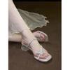 With skirt rhinestone one-word sandals 2025 new summer outer wear cover toe middle heel slippers women's butterfly thick heel sandals