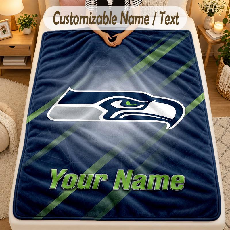 Flannel BlanketSeattle Seahawks Custom Name Text Personalized Soft Warm Throw Blanket Home Decor Gift