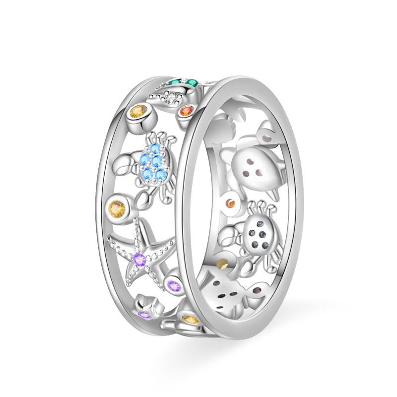 925 Sterling Copper Blue Ocean&Butterfly&Colorful Candy&Star&Retro Chain Wide Face Ring Ladies' Zircon and Accessories