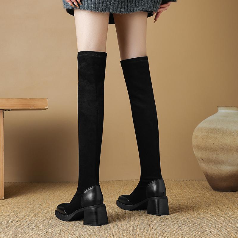 Damenstiefel mit hohen Absätzen Herbst und Winter klassisch vielseitig dickabsätzig Überknie-Stiefel in großen Größen mit elastischem Schaft