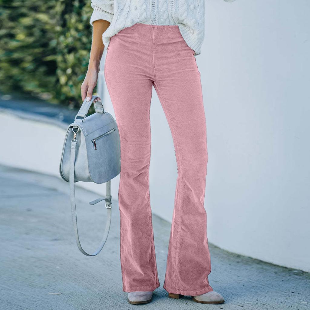 Women's  Color High Waisted Slim Fit Micro Flared Pants With Corduroy Elastic Waist Casual Pants