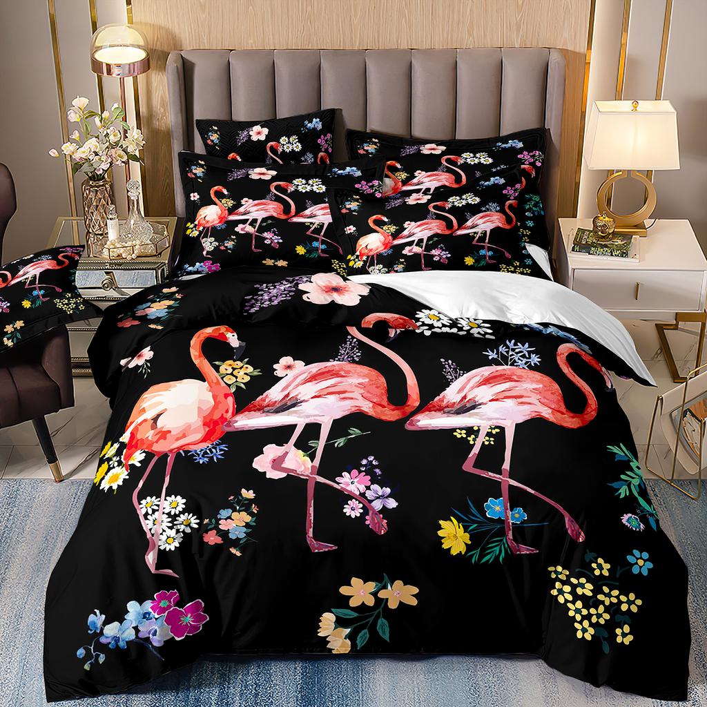 Flower Flamingo Bedding Set For Girl,Flamingos Full Bed Set,2 People Comforter Cover,Pink And Black Pdouble Bed Cover,Microfiber