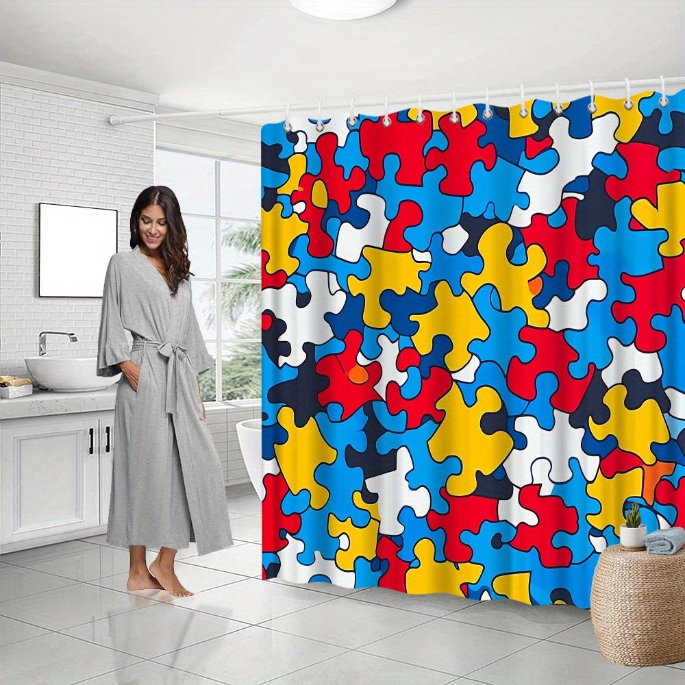 

Colorful Jigsaw Puzzle Shower Curtain – Vibrant Playful Bath Decor, Red Yellow Blue Black, 70x70in, Includes Hooks 90x180cm35x71in