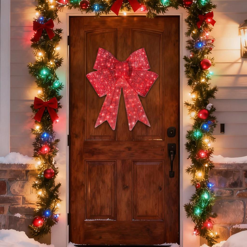 Christmas Wreath Bow 23.6in Lighted Garland Christmas Decorations Wreath Red Bows For New Year Fireplace Table Centerpiece decor