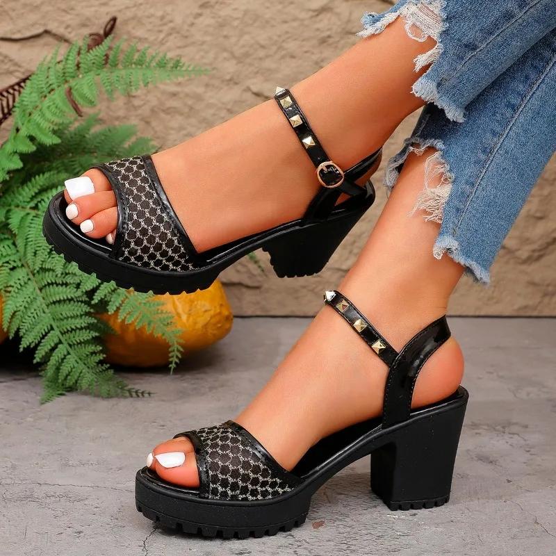 Plus Size 2025 Summer Mesh Open Toe Women's Sandals Platform Chunky Heels Rivet Buckle Strap Sandals for Daily Dress