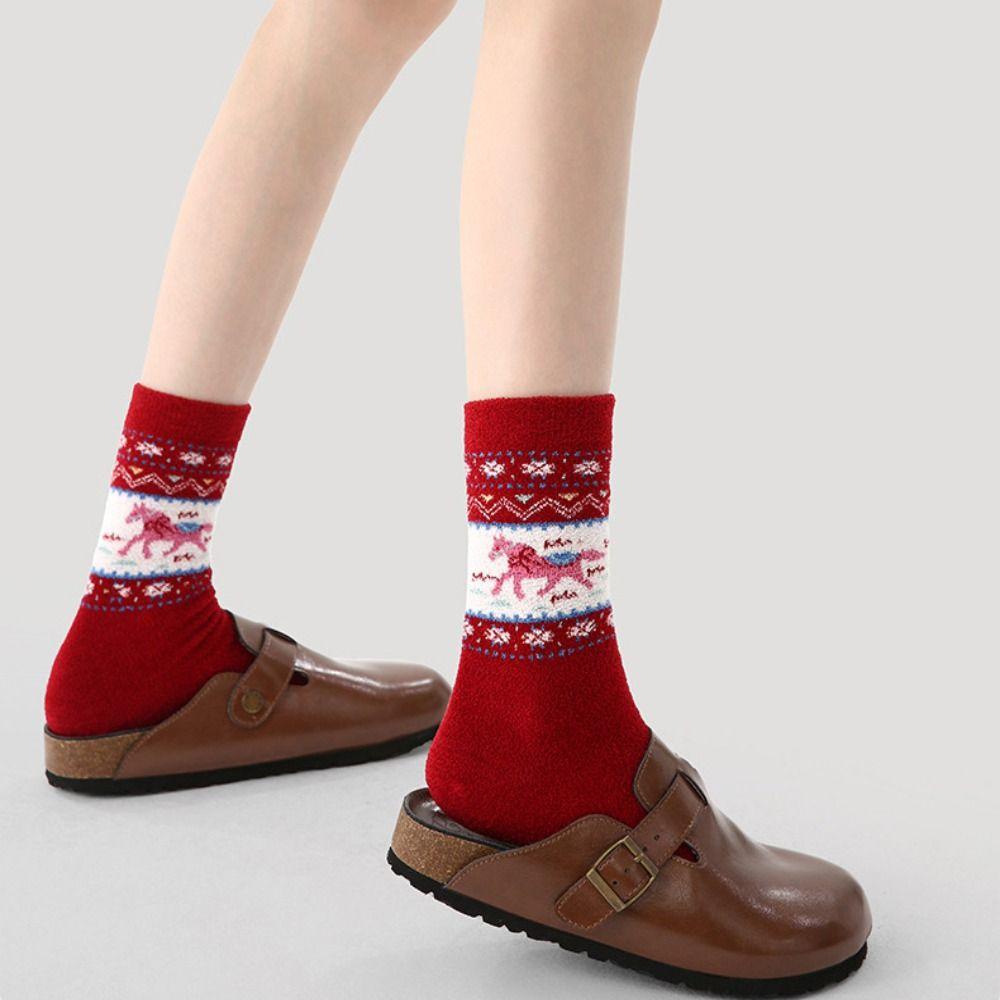 3 Pair Cotton Snow Boot Socks Knitted Middle Tube Socks Female Elastic Striped Socks New Year Gift