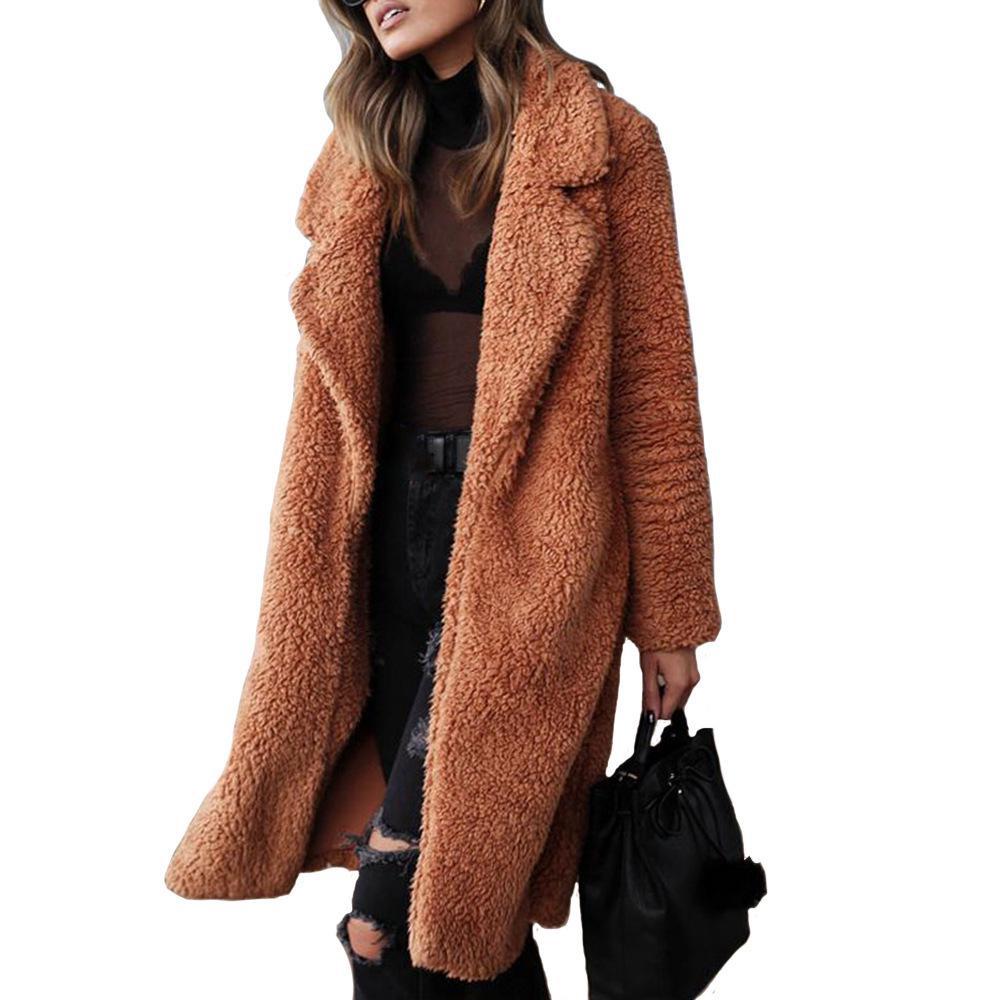 Fall Winter Pure Color Woolen Coat Women Lapel Fleece Mid-length Woolen Coat