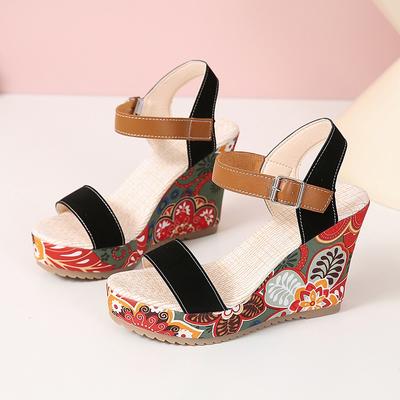 Sandálias da moda Femininas Peep Toe Floral Estampa Slingback Wedge Sandálias Étnicas Estampa Plataforma Sapatos Femininos Fivela No Tornozelo Sandalias De Mujer