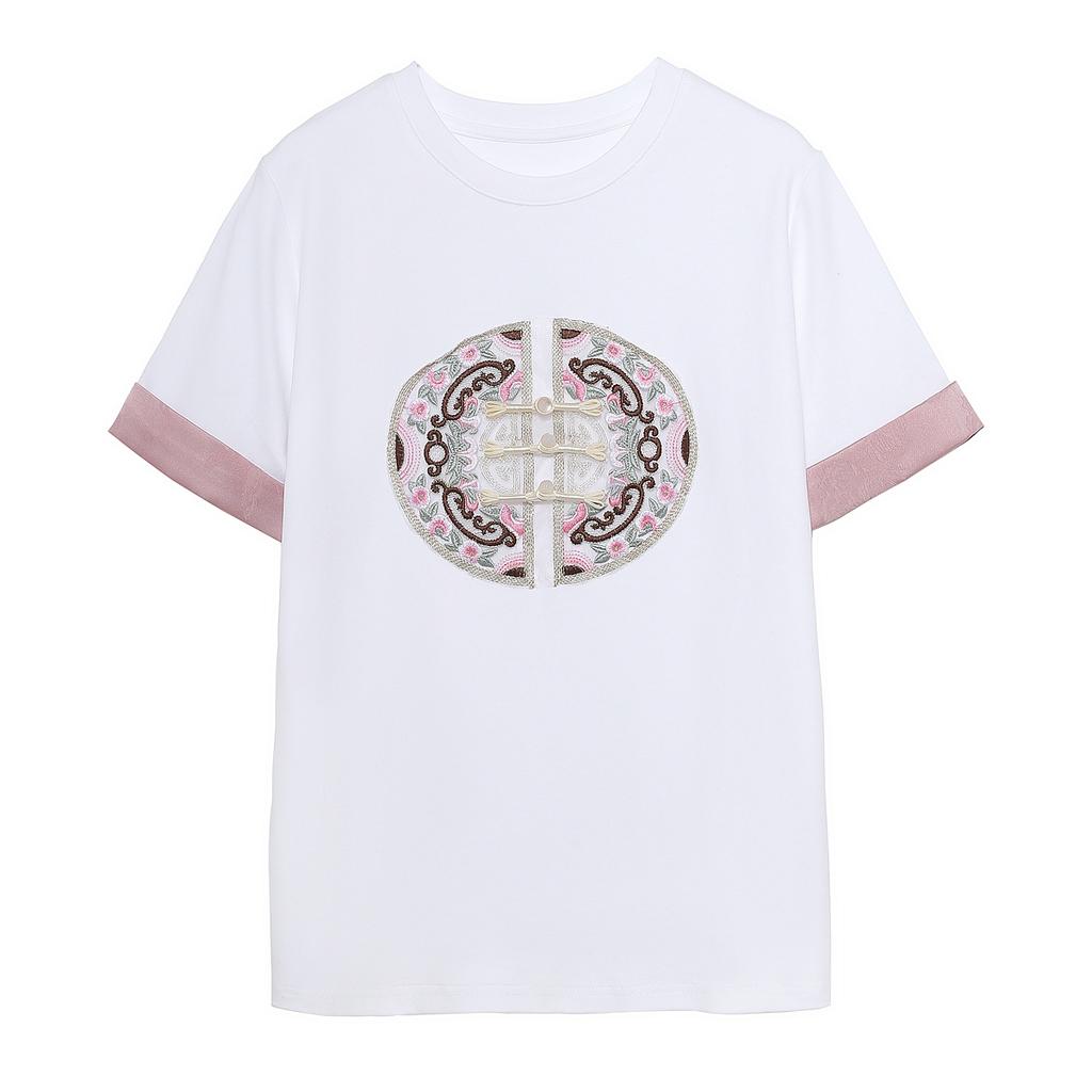 Módní Čínský styl Léto s krátkým rukávem Tričko s výšivkou do O výstřih Dámské topy Trička J389