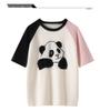 Panda Raglan Sleeve Knit Patchwork T-shirt - Trendy Loose Fit