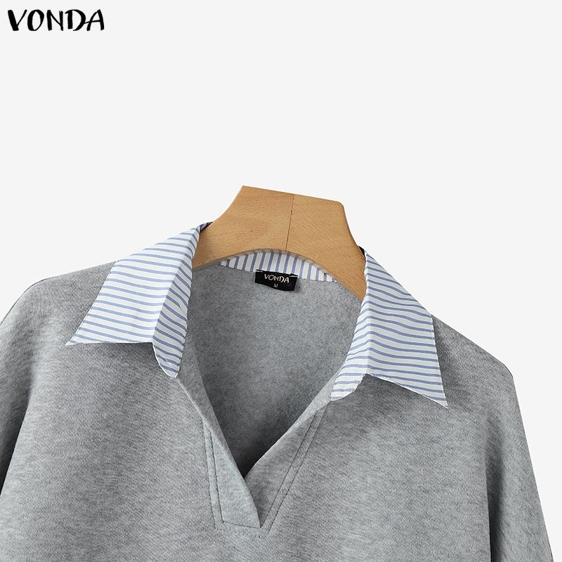 ZANZEA Women Casual Lapel Neck Long Sleeve Patchwork Striped Blouse Tops