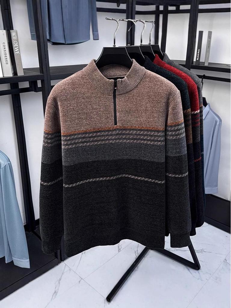 Men's Plush Thick Chenille Knit Sweater with Half-High Collar and Zipper