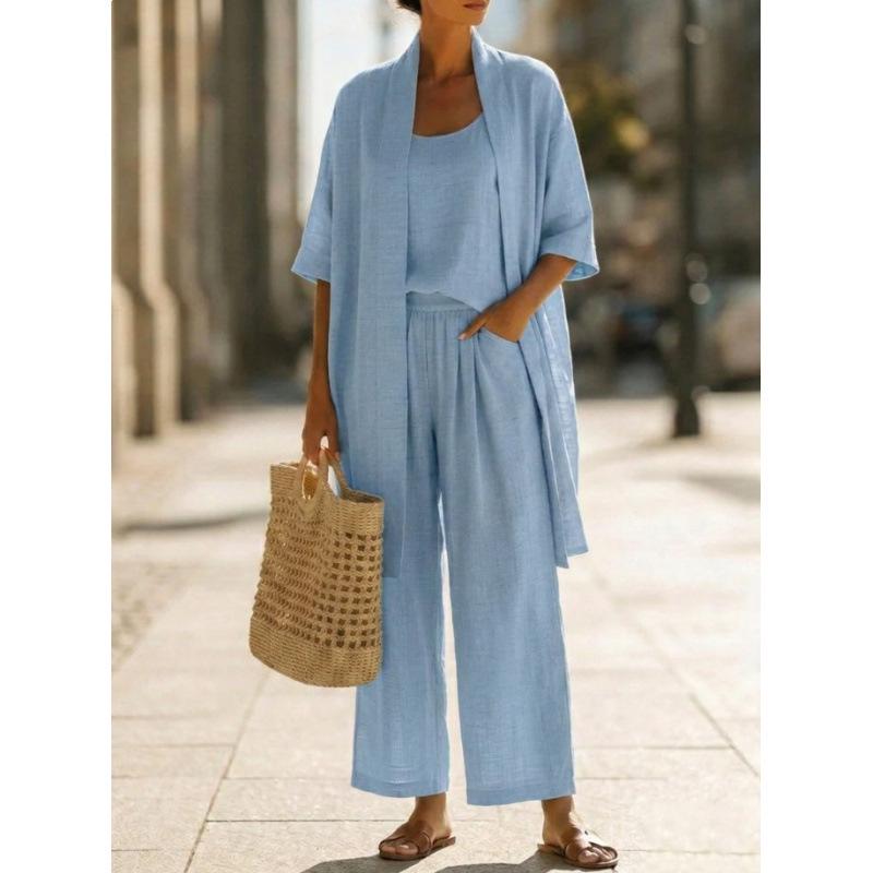 Summer 2026 Euro-American Solid Color Straight-Leg Travel Casual Three-Piece Set