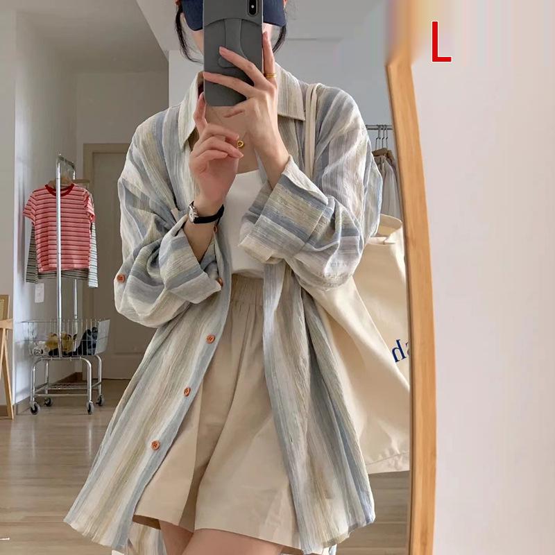Women's Striped Hong Kong Style Long Sleeve Shirt - Sun Protection, Retro Thin Jacket for Spring/Summer