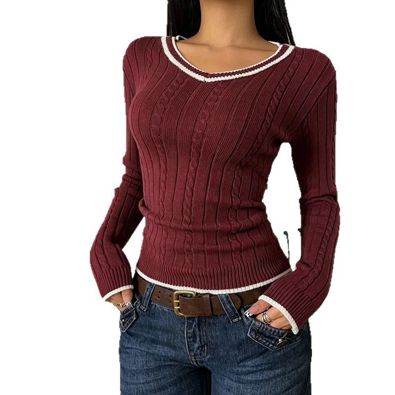Womens V-Neck Cropped Cable Knit Sweater Slim Fit Long Sleeve Winter Top