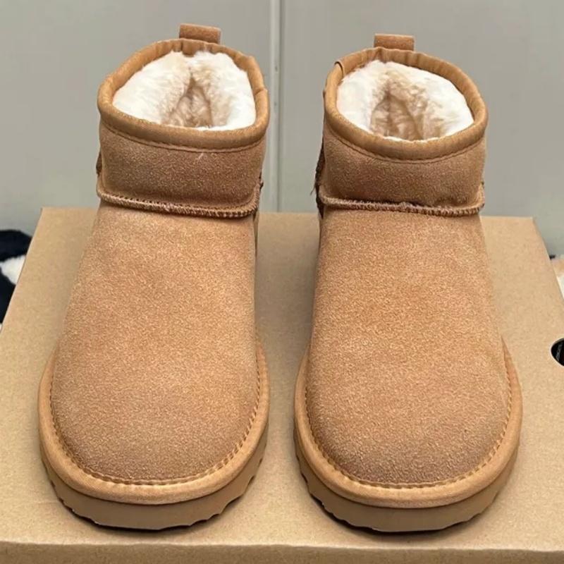 Classic Winter Women Ultra Mini Snow Boots Genuine Cowhide Leather Fur Slippers 2026 New Design Men Short Boot Flat Cotton Shoes