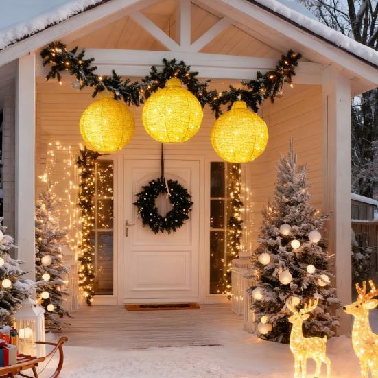 3Pcs Outdoor Hanging Christmas Light LED Illuminated Ornament Balls with 8 Lighting Modes And Timer Festive Sequin Ball for Porch Garden Decor