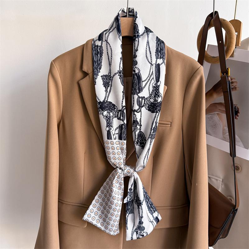 New temperament double-layer scarf streamer strap bag decoration suit scarf small long headband silk scarf women's printing narrow