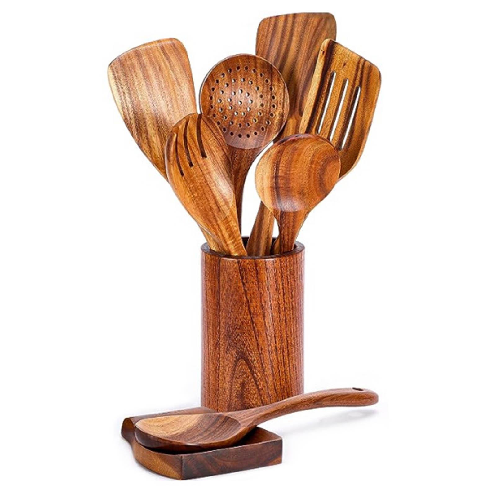Set of 9 Kitchen Utensils Essential Cooking Tool Slotted Tuner Serving Spoon Cooking Kitchen Utensils Set Wood Texture 1