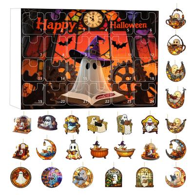 2025 Halloween 2D Ghost Reading Ornament Countdown Set 24 Days Advent Calendar Stained Glass Window Hanging Suncatchers for Home Decor