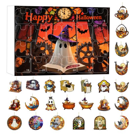 2025 Halloween 2D Ghost Reading Ornament Countdown Set 24 Days Advent Calendar Stained Glass Window Hanging Suncatchers for Home Decor