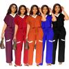 Damen 2-teiliges Outfit-Set V-Ausschnitt Kurzarm Crop Top Elastische Taille Weite Hosen Lässiger Trainingsanzug