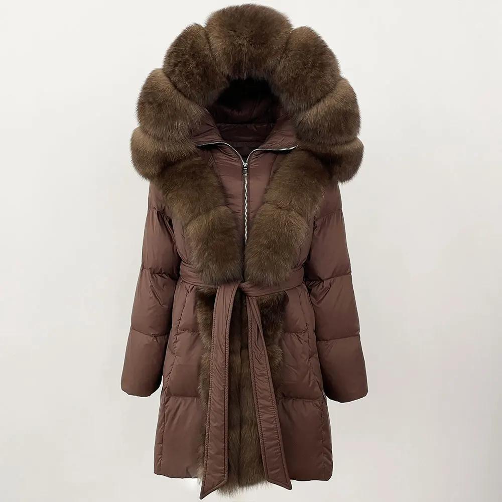 

OFTBUY 2024 зимняя куртка женская с натуральным воротником из натурального меха лисы и капюшоном, пуховое пальто из белой утки, толстая теплая уличная повседневная верхняя одежда L