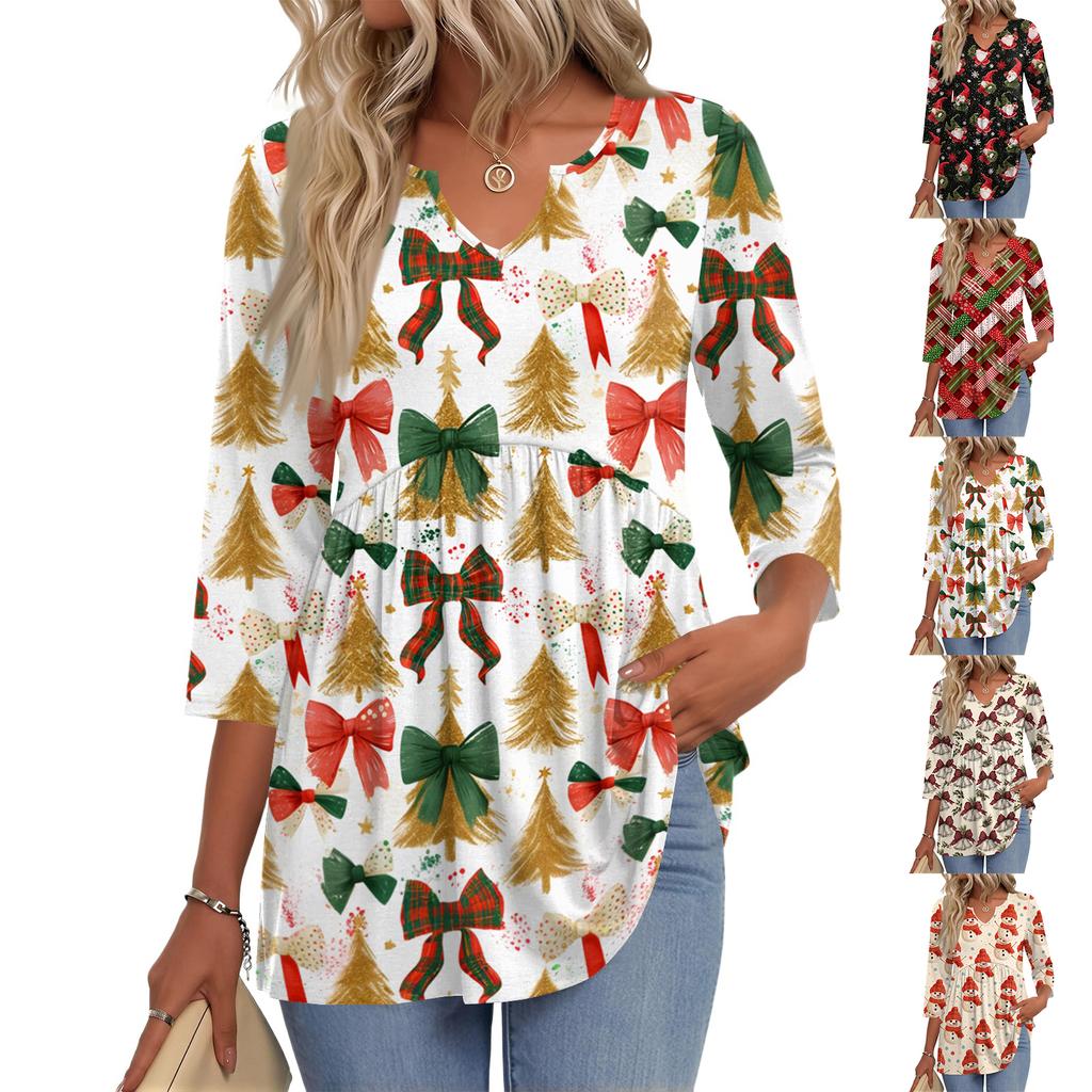 Women's Casual Christmas Print V-Neck Three-Quarter Sleeve Shirt