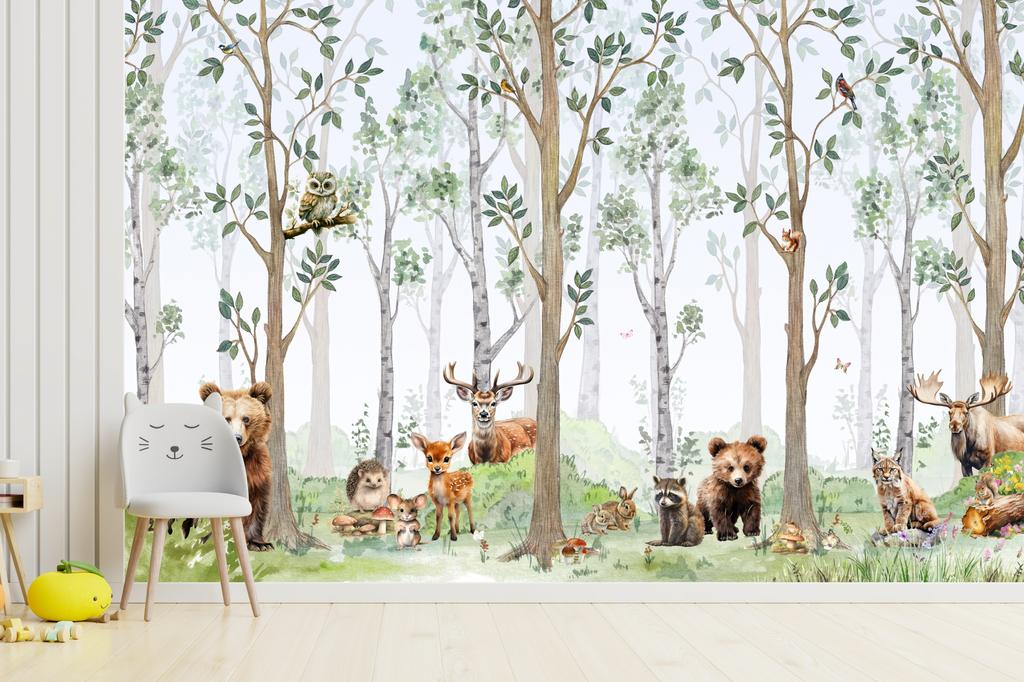 Children's photo wallpaper forest and animals deer bear hedgehog raccoon owl M143 200x135