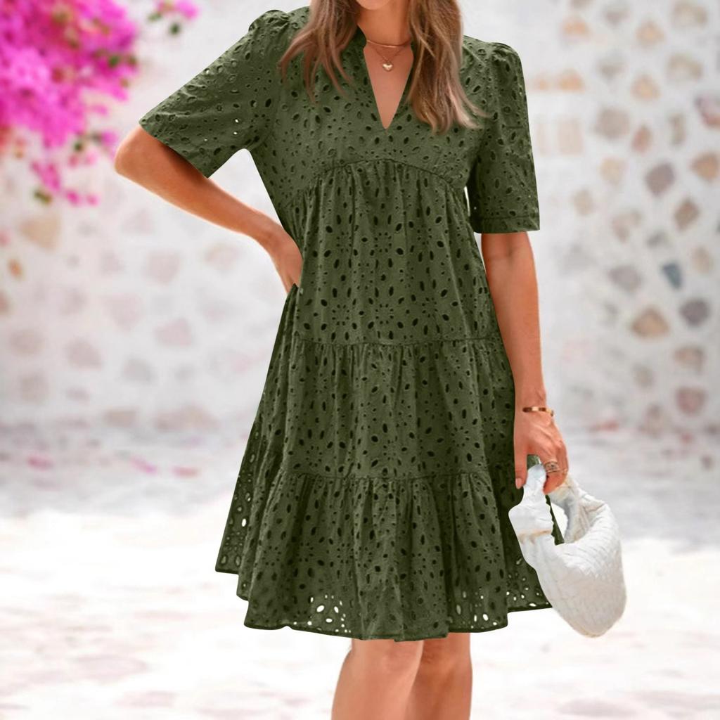 Women's Fashion Summer Solid Color V Neck Short Sleeved Beach Vacation A-line Dress
