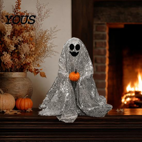 Decorative Ghost Sculpture Halloween Decoration, Outdoor Shiny Figurine with Sequin Cloth, Light Collectible Up Spooky for Parties, Lawn, Porch Decor