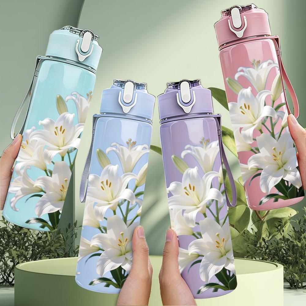 1PC White Cluster Lily Flower Print 750ml Color Plastic Sports Water Bottle Leakproof Flip Straw Lid Suitable for Sports Office Home Use
