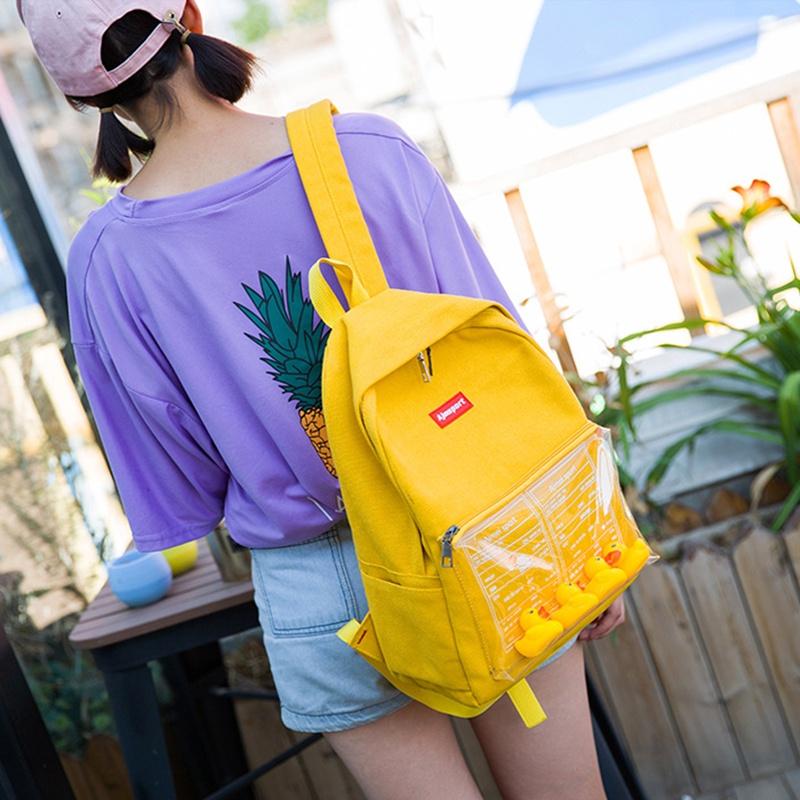 Durable Canvas Womens Backpack With Fun Duck Toy And Transparent School Bag Design