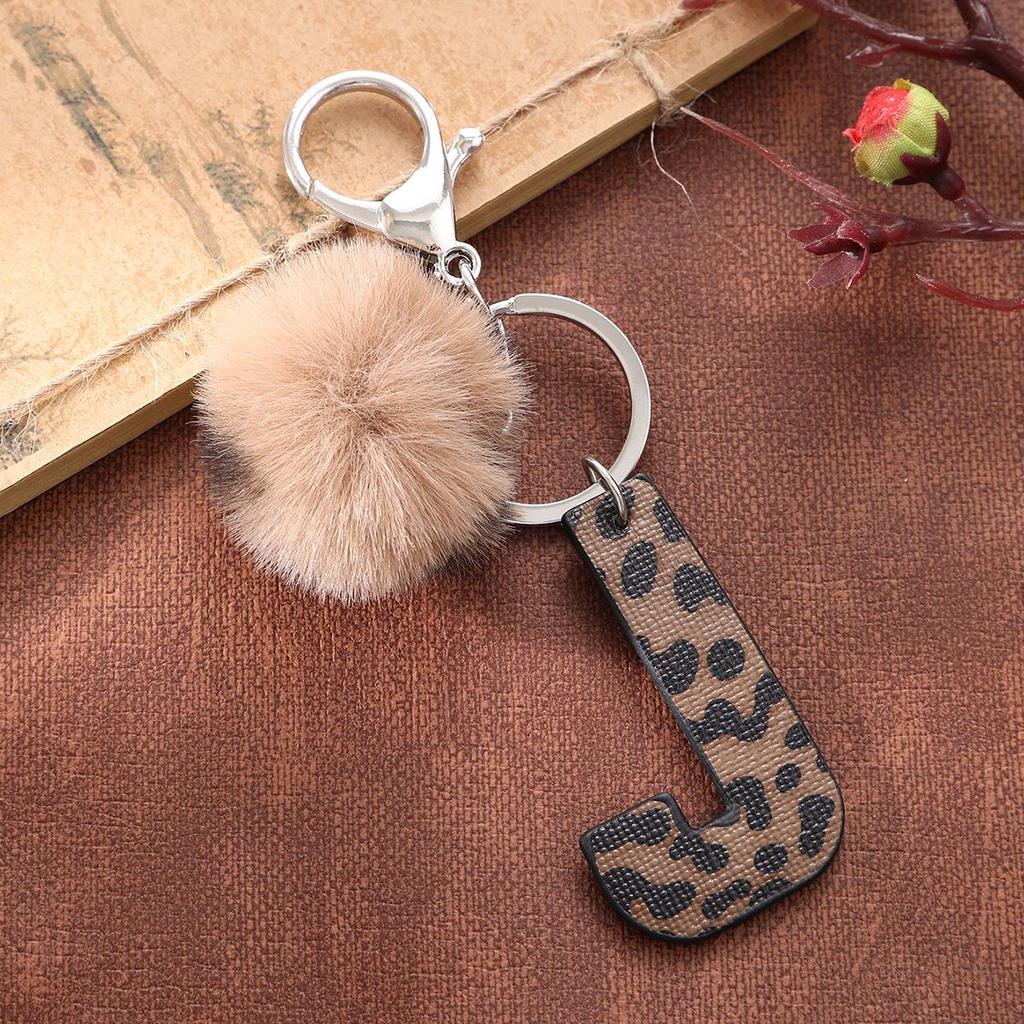 Western Cowboy Leopard Print Leather Keychain with Acrylic Letter and Plush Ball Accessories