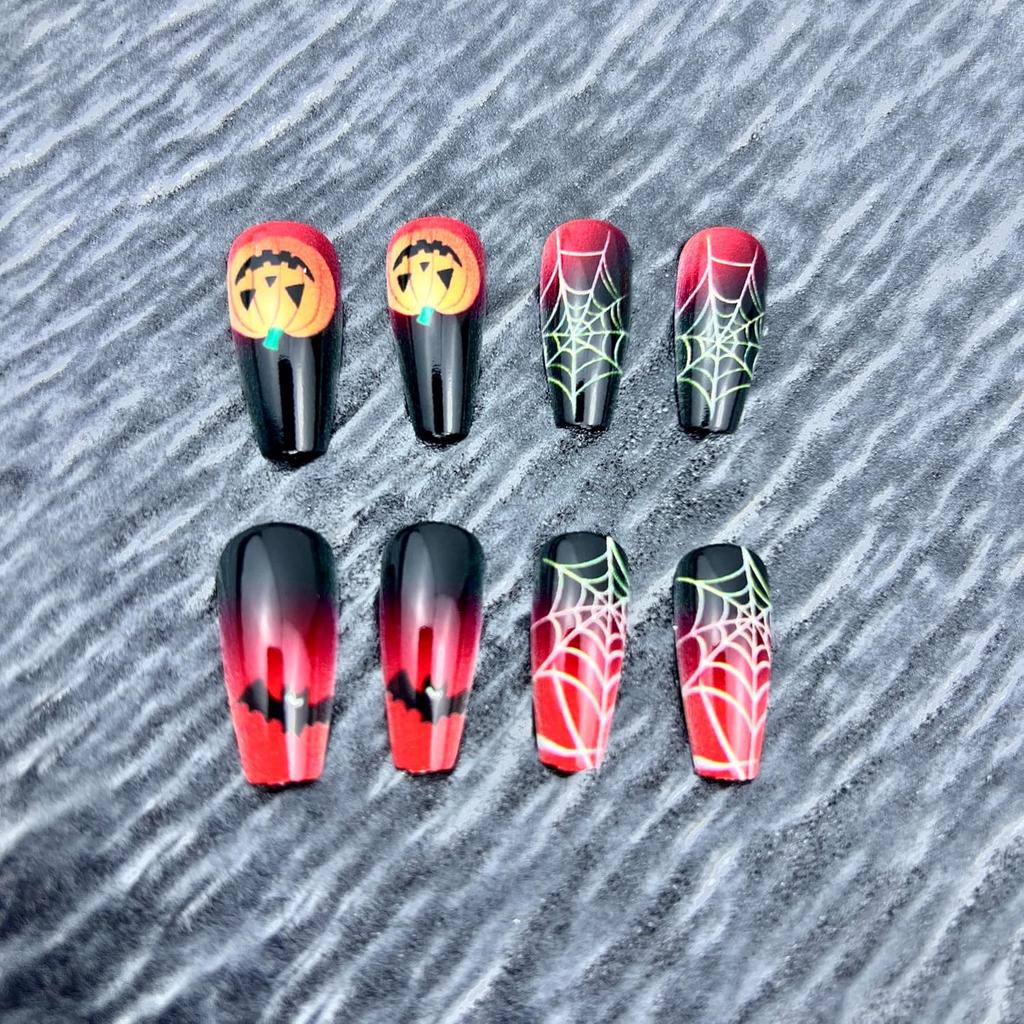 24Pcs Halloween Black Red Gradient Press On Nails Medium Square Fake Nails with Spider Web Bat Pumpkin Design False Nails Full Cover Horror Glue On