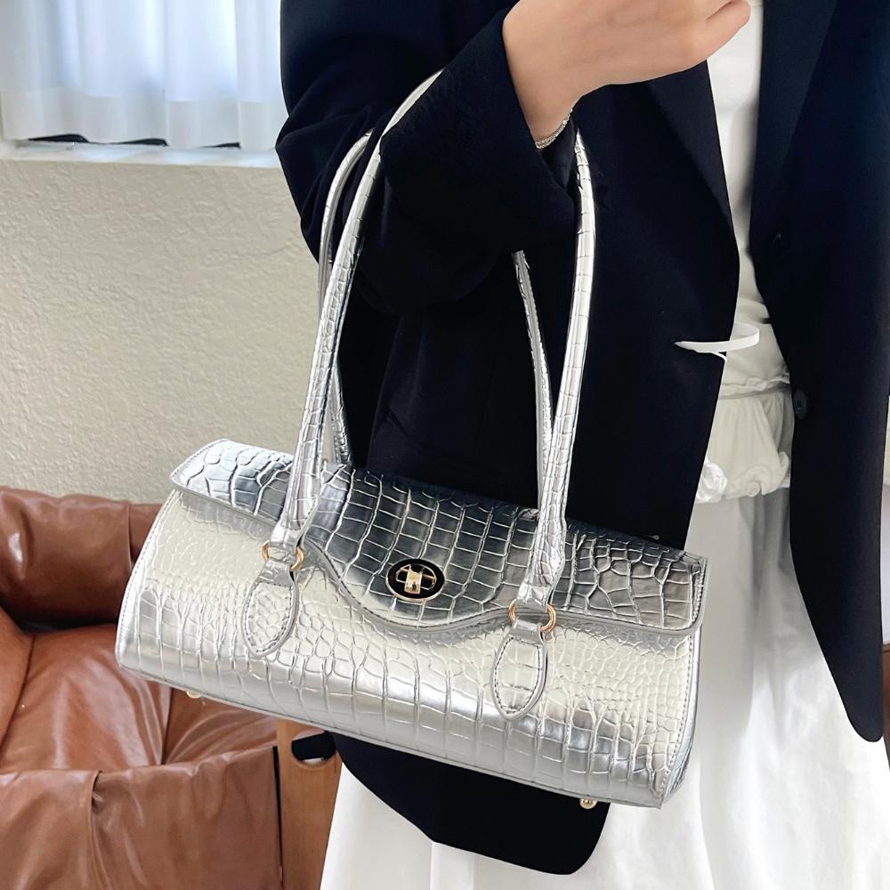 Women's Crocodile Pattern Handbag: Elegant PU Leather Top-Handle Satchel with Gold Lock, Retro Shoulder Bag for Work & Commute