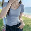 Burgundy Crew Neck Front Shoulder Short Sleeve T-Shirt Women's Summer New Korean Slim-fit Versatile Design Niche Top