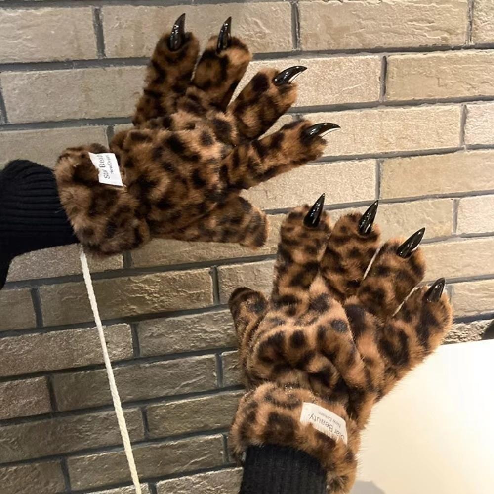 Winter Warm Furry Gloves Spicy Girl Leopard Print Tiger Claw Gloves Thickened Cosplay Cool Props Five Finger Gloves Women Gift
