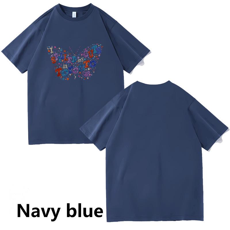 

New Hot Sale: English Butterfly Print Loose Round Neck Couple T-shirt Triple Extra Large темно-синього кольору