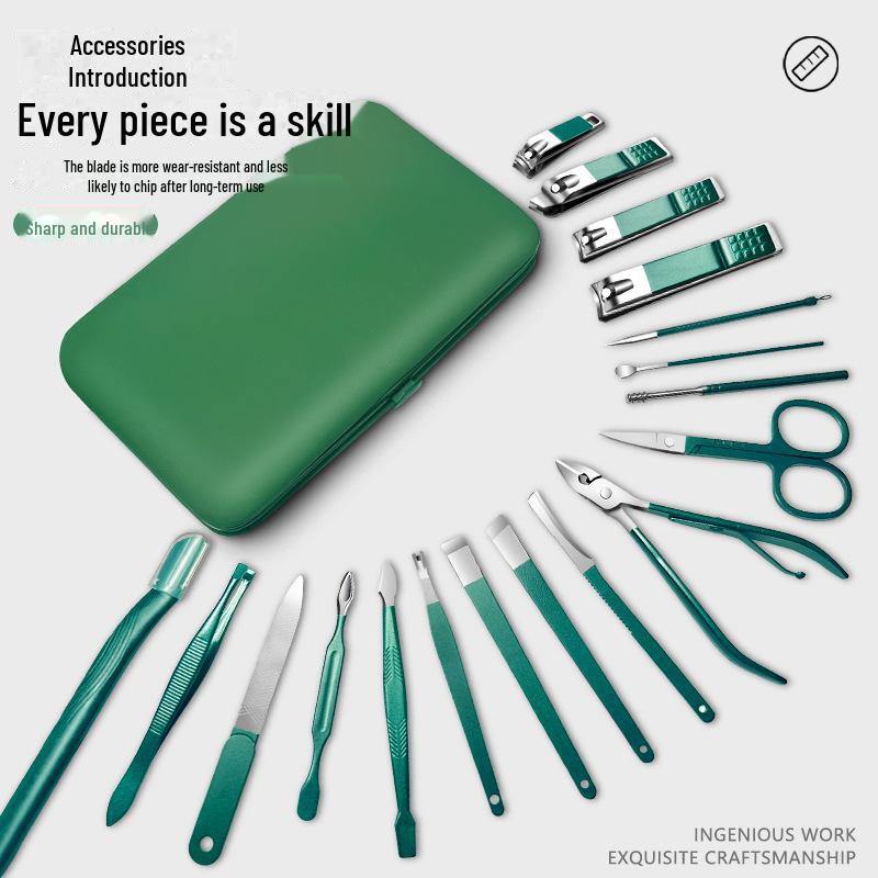 18-Piece Dark Green Stainless Steel Nail Care Set with Clippers, Scissors, and Hawkbill Pliers