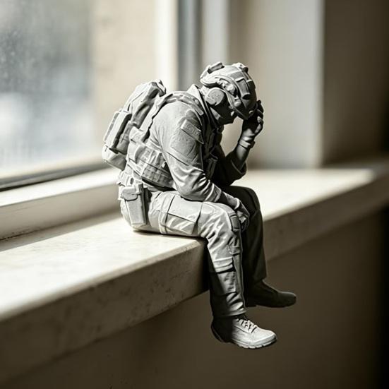 jijijing 3D Printed Soldier Figurine Ornament, Sitting Tactical Statue, Funny Tired Sculpture for Table Shelf Edge Decor