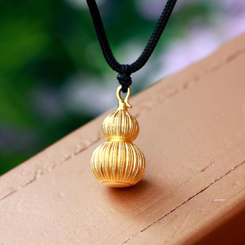 Ancient Gold Filigree Striped Gourd Pendant with Fu Lu Charm – Chinese Style Sweater Chain