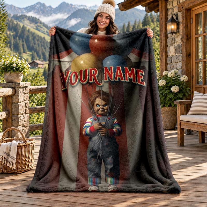 Chucky with Tiffany Custom Name Flannel Blanket Personalized Soft Warm Plush Throw Blanket Customized Gift for Family Friends