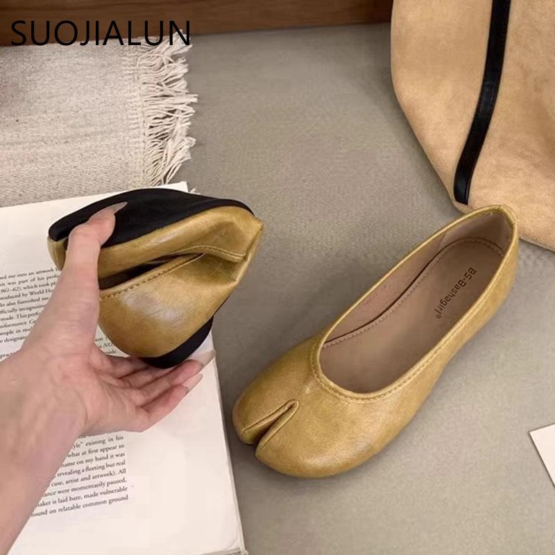 Fashion SUOJIALUN 2025 Spring New Brand Women Flat Shoes Fashion Split Toe Flat Ballet Shallow Slip On Female Casual Slip On Loafer Shoe